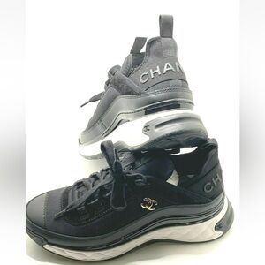 Authentic CHANEL Black Calfskin Sneakers Trainers Shoes Size 37.5 - Brand New